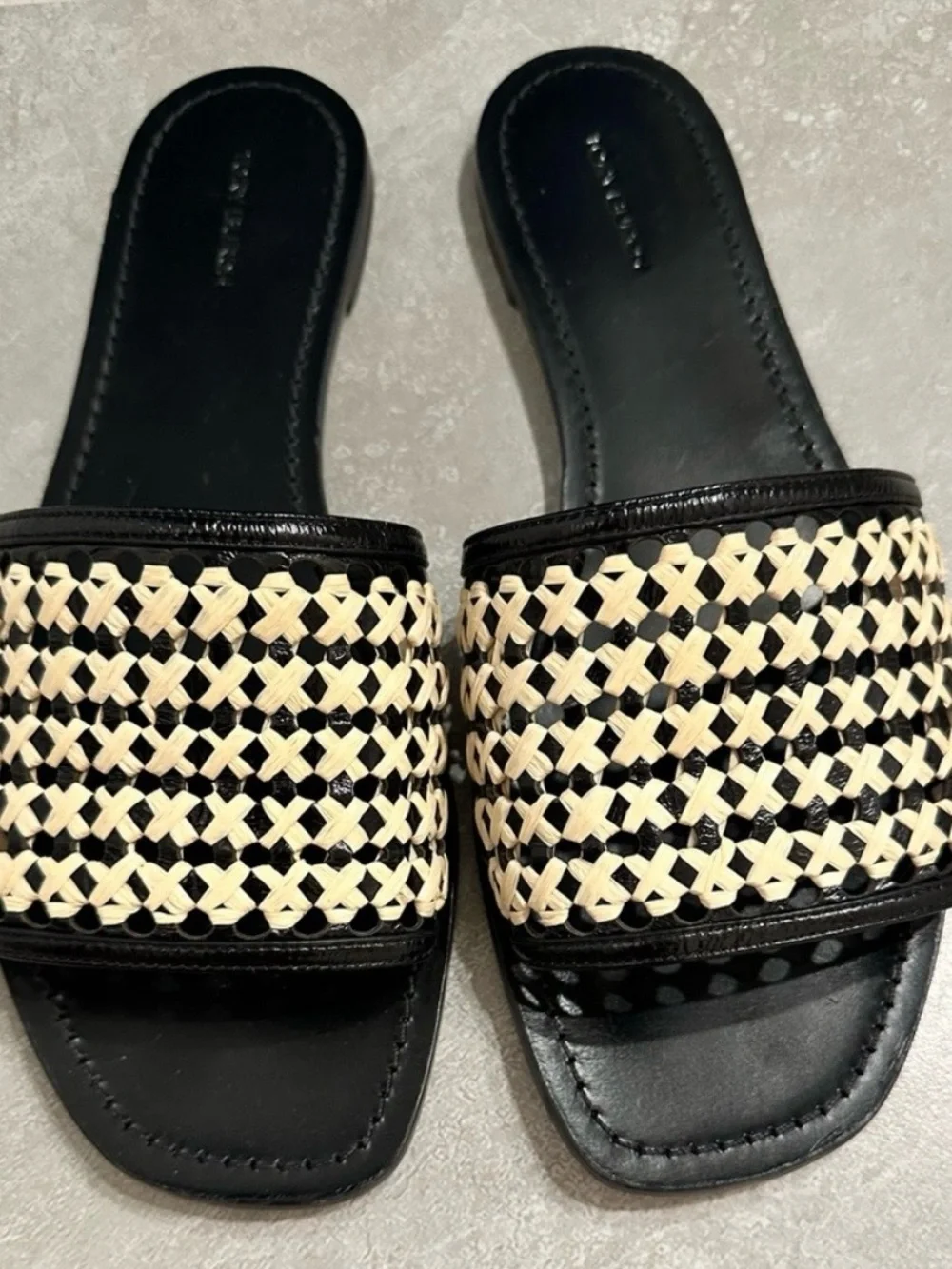 Tory Burch Black and Cream Woven Slide Mules